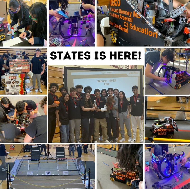 FIRE Robotics state competition collage with team, robot, and award photos.
