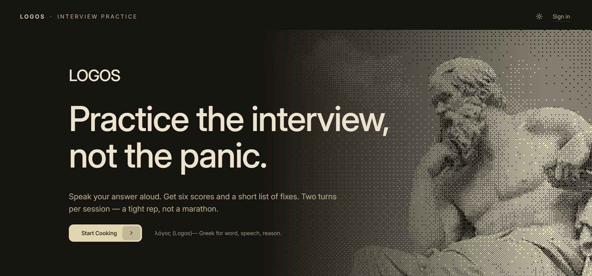 LOGOS interview coaching platform landing page.